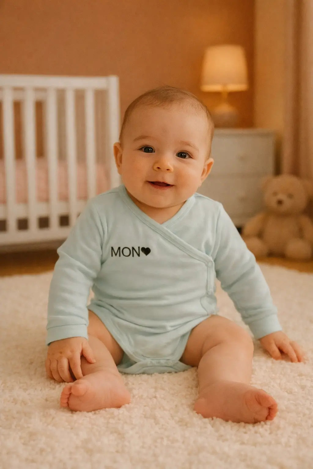 Body bébé en bambou vert d’eau porté par un nourrisson, doux et confortable